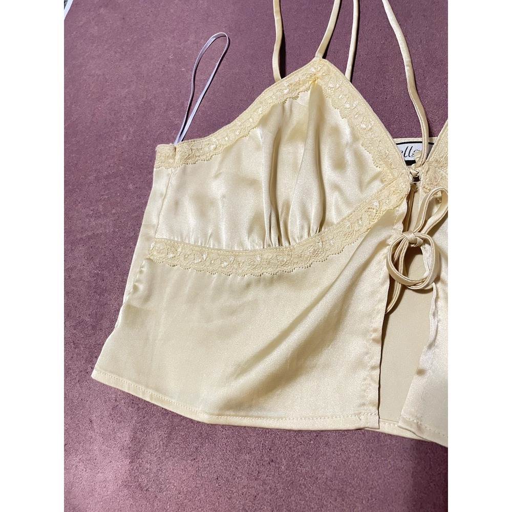 2 Bella Yellow Satin Short Cropped Tank Top Front Tie Size S/M Coquette Bohemian - Picture 4 of 12